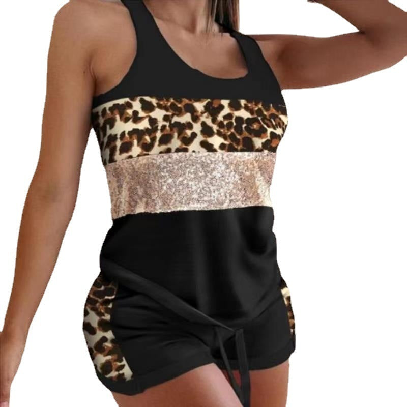 Summer Women Casual Color Blocking Sleeveless Tank Top And Shorts Set
