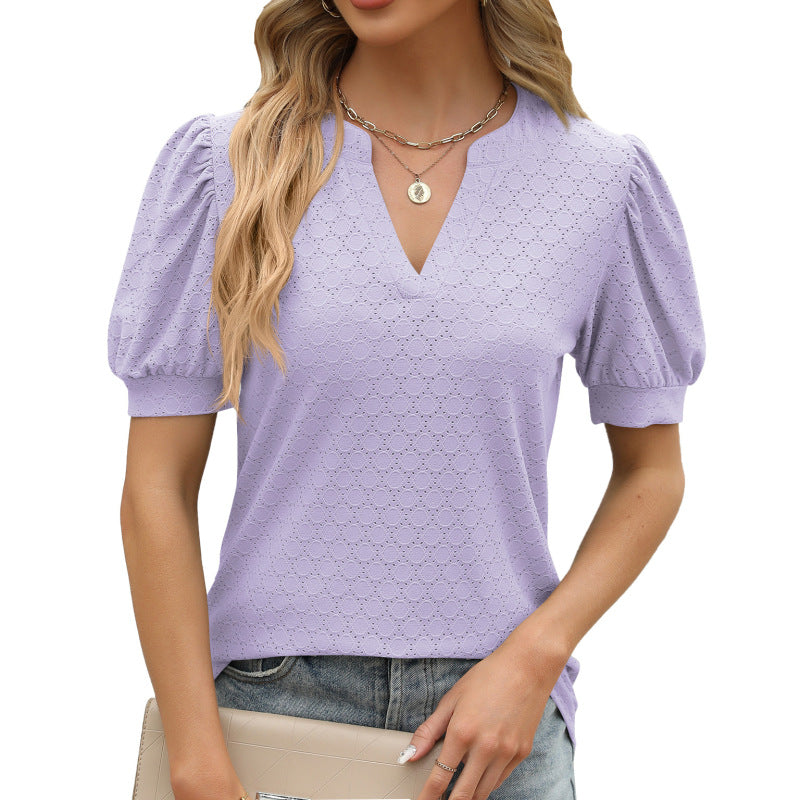 Blusa informal de verano para mujer, holgada, con escote en V, mangas abullonadas y plisada de manga corta