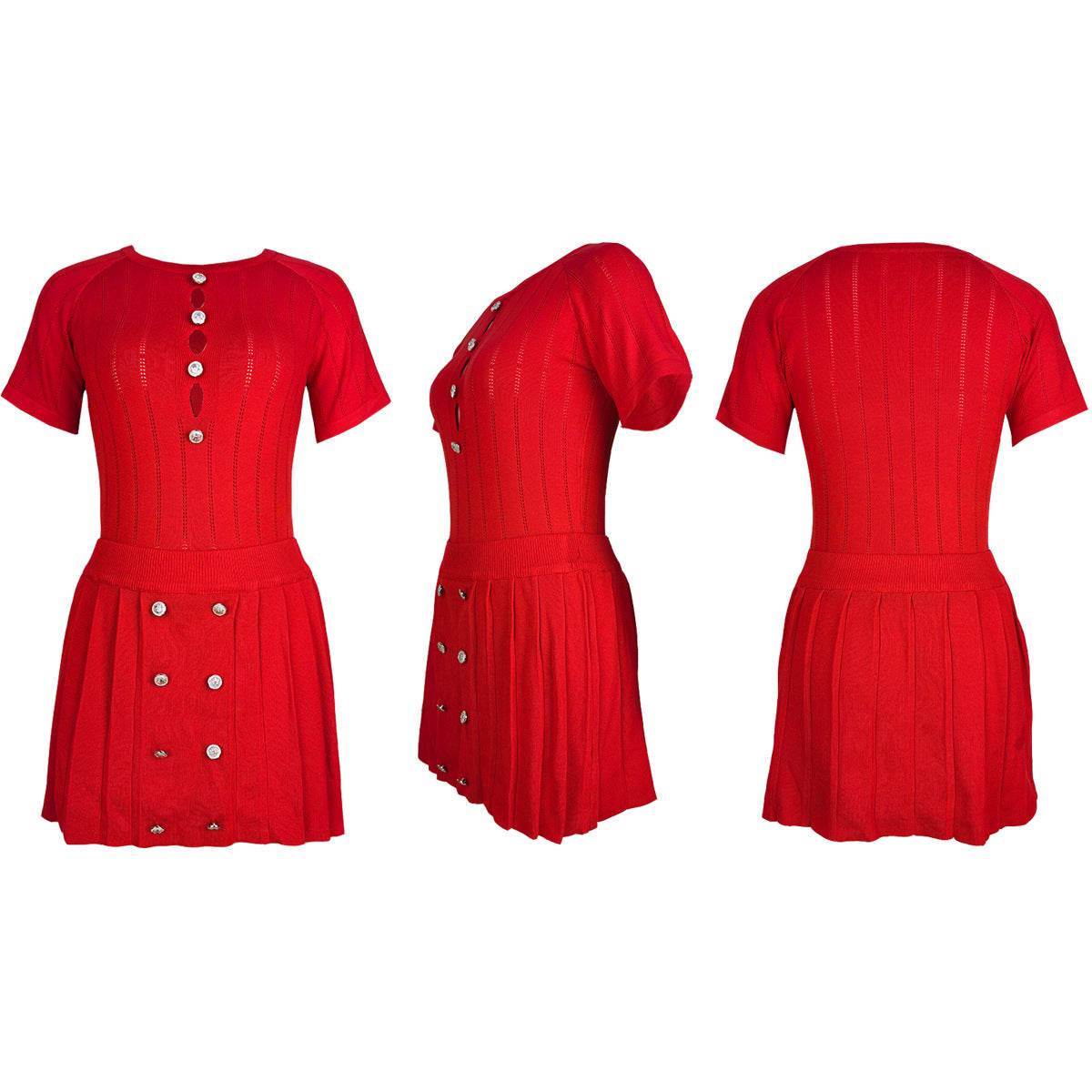 Conjunto de dos piezas de punto de manga corta con botones huecos, informal y sexy para mujer