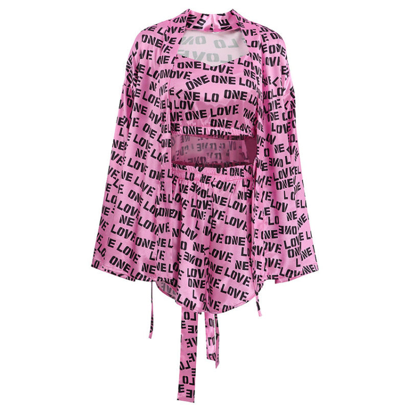 Conjunto de pijama informal con estampado de letras para mujer, camisola tipo cárdigan, top y pantalones cortos para el hogar