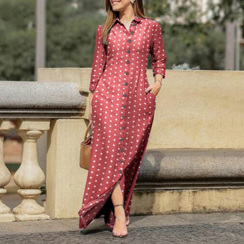 Women Casual Polka Dot Long Sleeve Lapel Collar Button Long Dress