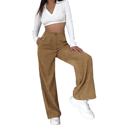 Women Solid Color Button High Waist Casual Loose Wide Leg Pants