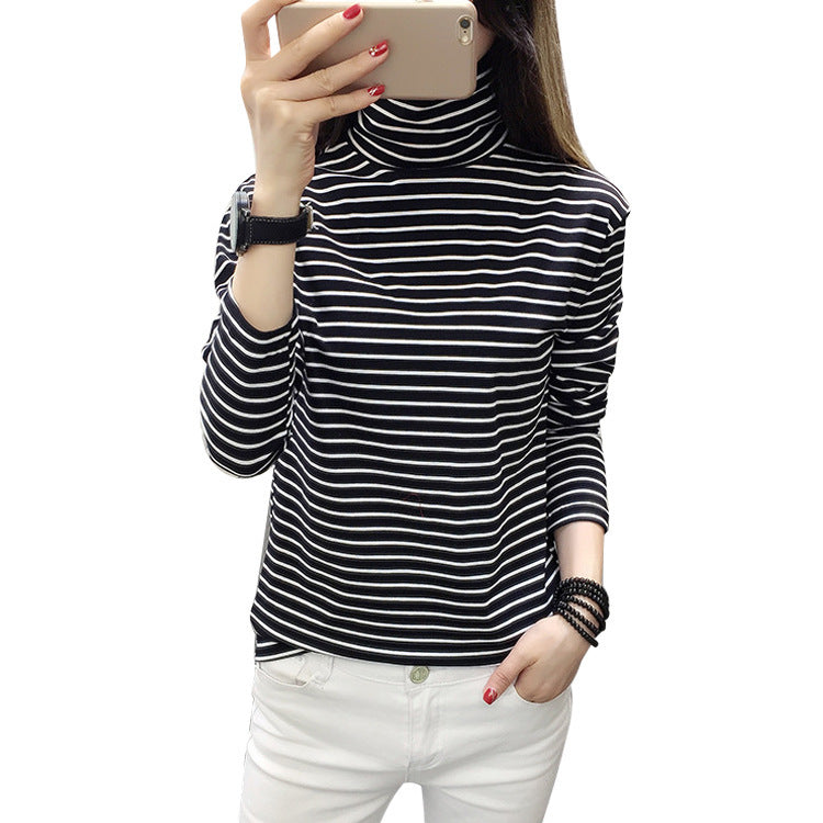 Camiseta informal de manga larga con cuello alto y estampado de rayas para mujer