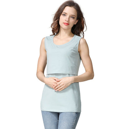 Summer Pregnant Women Casual Solid Color Round Neck Sleeveless Breast-Feeding Tank Top