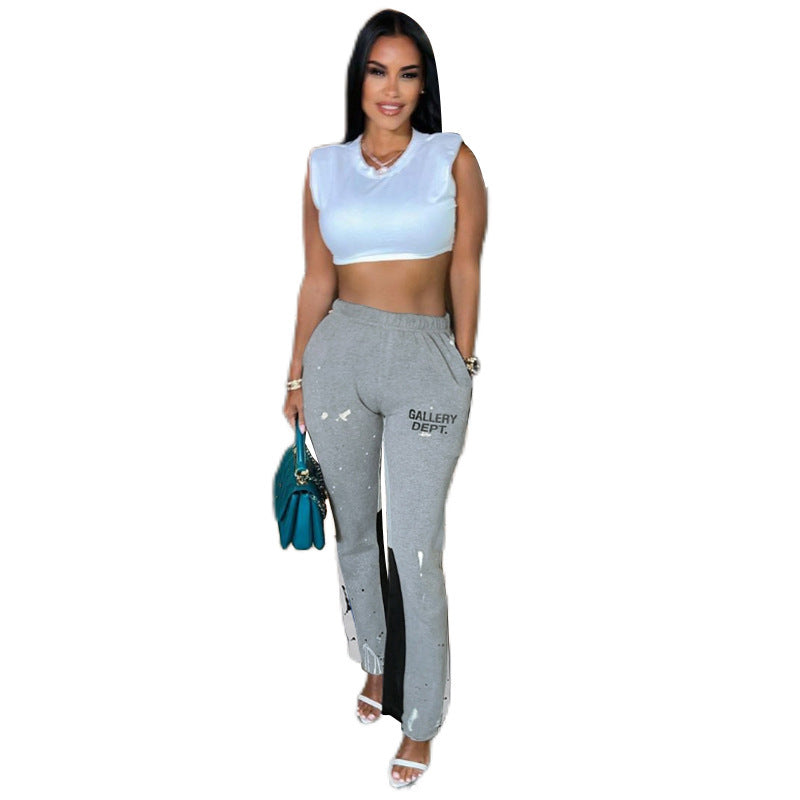 Athleisure Women Straight High Waist Stitching Casual Sports Pants