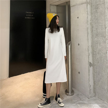 Women Fashion Casual Solid Color Loose Round Neck Long Sleeve Dress