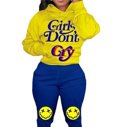 Conjunto de dos piezas con capucha y pantalones estampados de letras informales para mujer