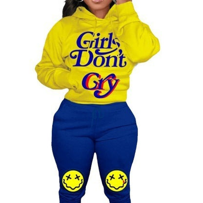 Conjunto de dos piezas con capucha y pantalones estampados de letras informales para mujer