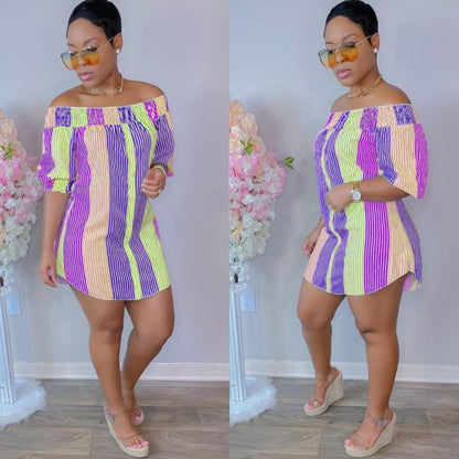 Women Casual Edgy Fashion Irregular Hem Color Blocking Stripe Loose Off-the-shoulder Short Sleeves Dress