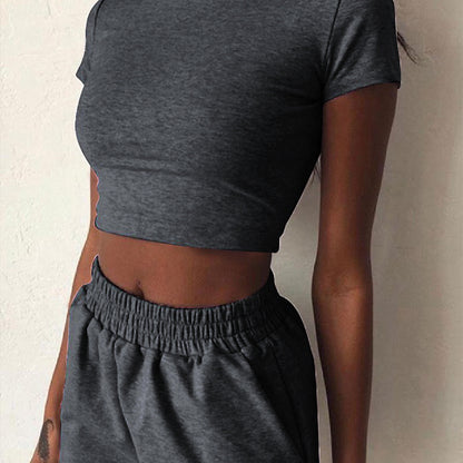 Conjunto de 2 piezas para mujer, top corto informal con cuello redondo y bolsillos, pantalones cortos holgados, traje de dos piezas