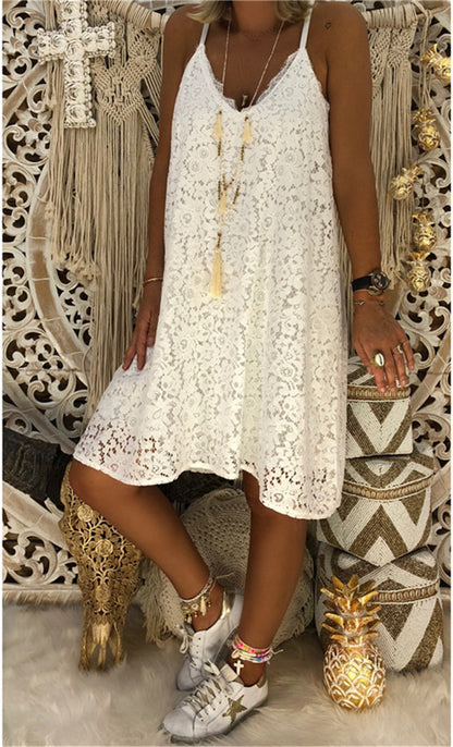 Women Elegant Sexy Solid Color Lace Loose Summer Boho V Neck Casual Slip Dress