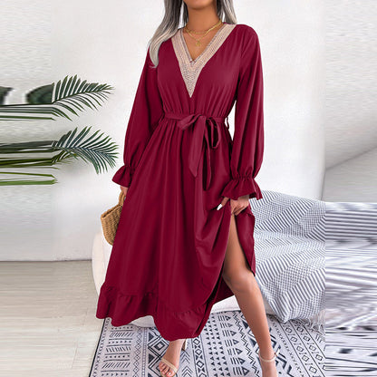Women Fashion Casual V-Neck Lace Defined Waist Ruffled Dress