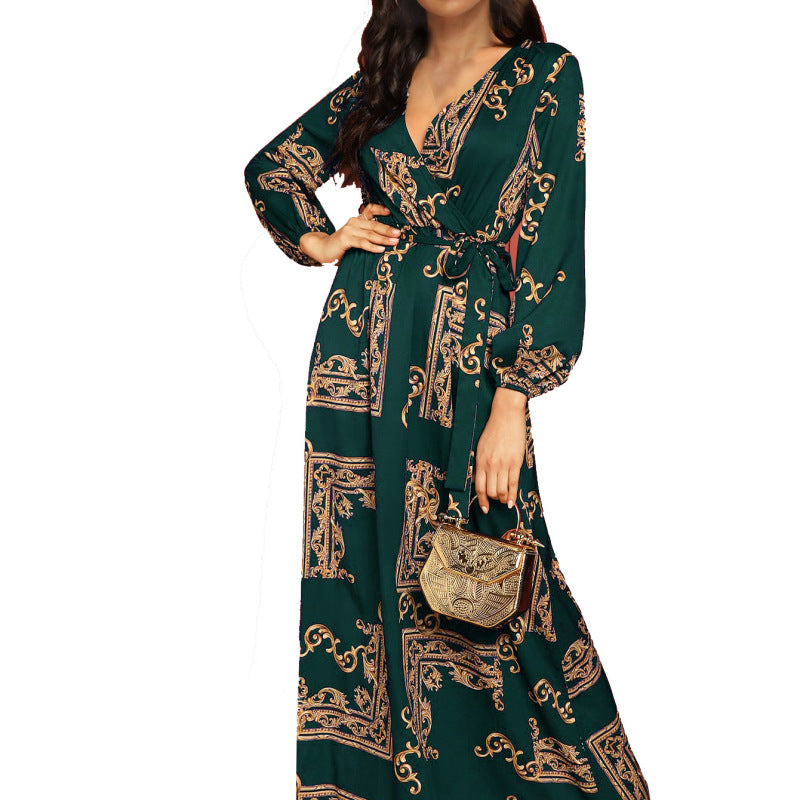 Long Sleeve Dress Women Vintage Boho Style V Neck Casual Maxi Dress