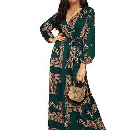 Long Sleeve Dress Women Vintage Boho Style V Neck Casual Maxi Dress