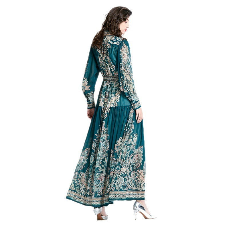 Women Elegant Retro Casual Chiffon Long-Sleeved Stand Collar Lantern Sleeve Tie-Up Print Dress