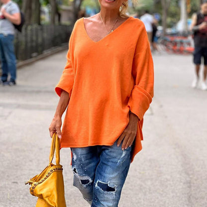 Women Casual Solid Color V-Neck Long Sleeve Knitted Sweater