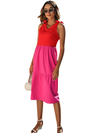 Women Casual Edgy Color Blocking Sleeveless Loose Beach Dress