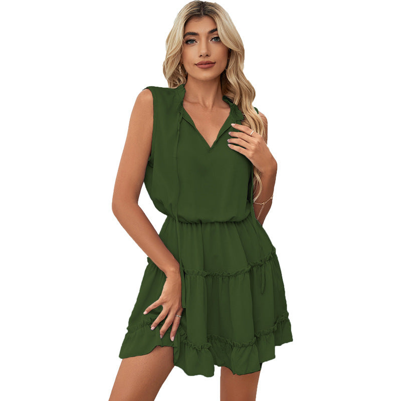 Women Solid Chiffon V-Neck Ruffled Defined Waist Sleeveless Vacation Casual Dress