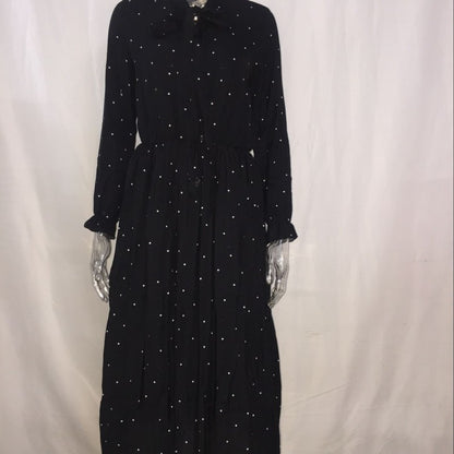 Women Casual Elegant Polka Dot Print Long-Sleeved Bohemian Pleated Maxi Dress
