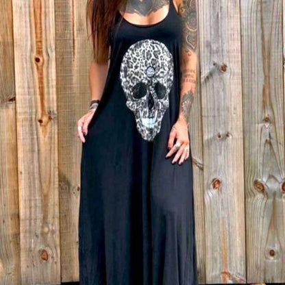 Women Casual Halloween Skull Print Loose Maxi Dress
