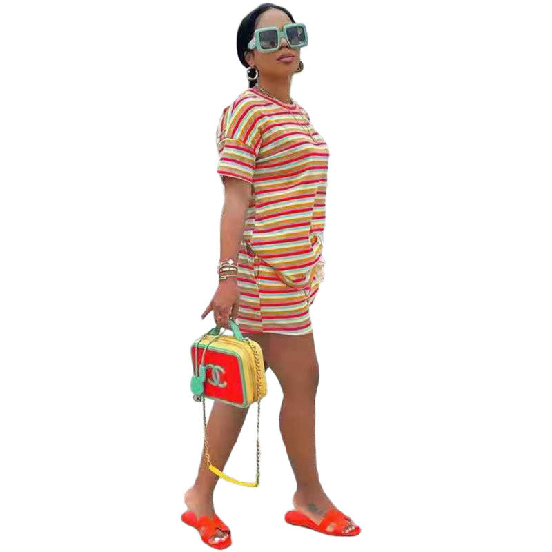 Conjunto deportivo informal de manga corta con estampado de rayas para mujer