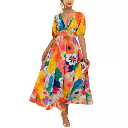 Women Casual Fashion Printed V-Neck Puff Sleeve Vacation Maxi Dress
