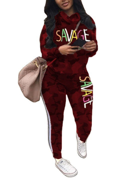Conjunto de dos piezas de top y pantalón de manga larga con estampado de letras para mujer, informal, de talla grande