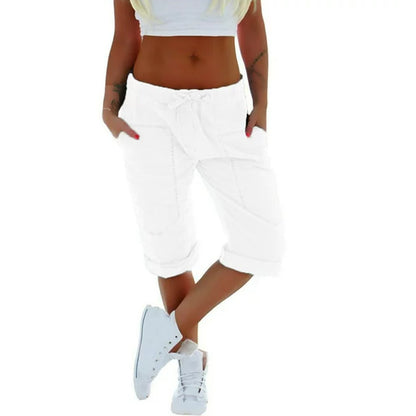Women Summer Casual Solid Color Drawstring Waist Cropped Pants