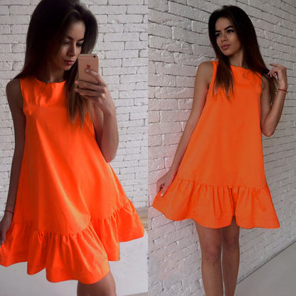 Summer Women Casual Solid Color Beach Party Ruffled Sleeveless Fashion Mini Dress