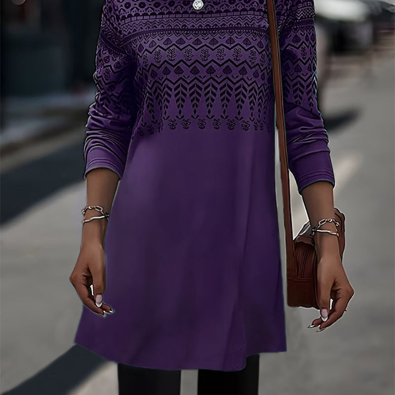 Women Fashion Casual Geometric Print Round Neck Long Sleeve Dress