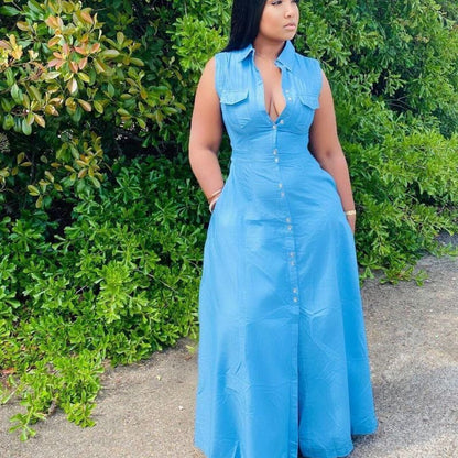 Women Fashion Casual Plus Size Solid Color Lapel Sleeveless Maxi Dress