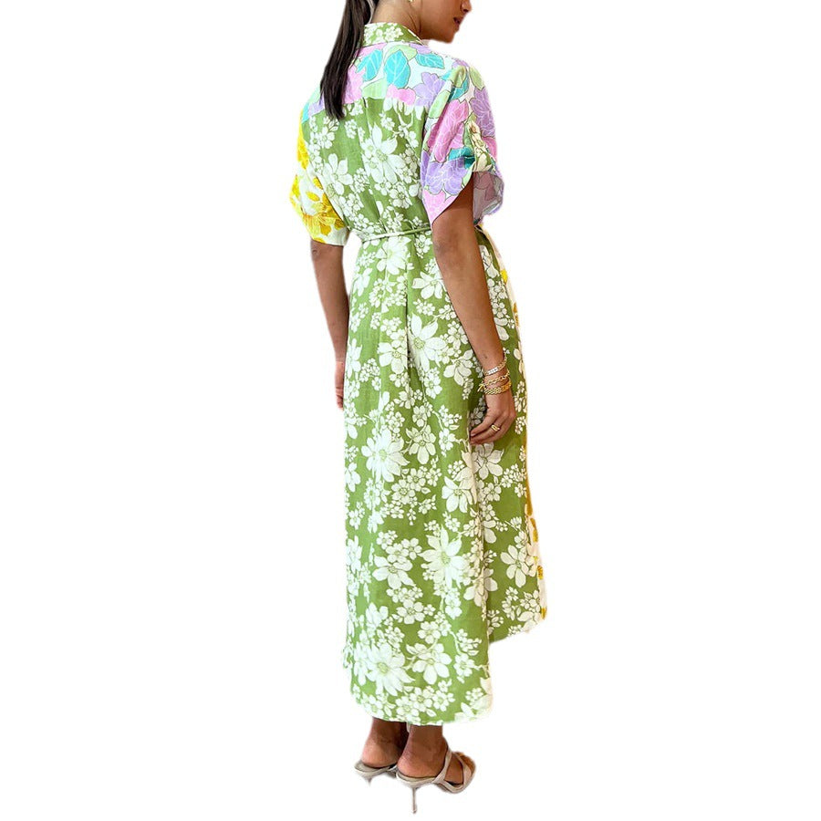 Spring And Summer Loose Vacation Women Casual Short-Sleeved Lace-Up Pocket Floral Shirt Maxi Dress