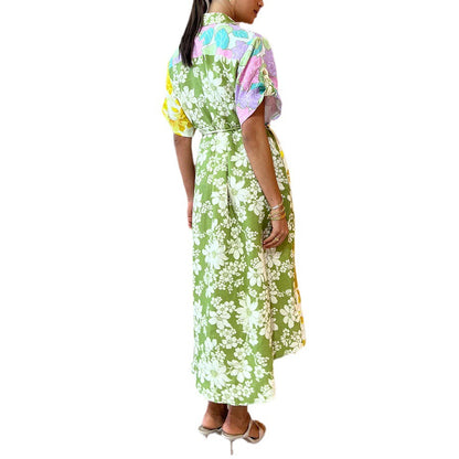 Spring And Summer Loose Vacation Women Casual Short-Sleeved Lace-Up Pocket Floral Shirt Maxi Dress
