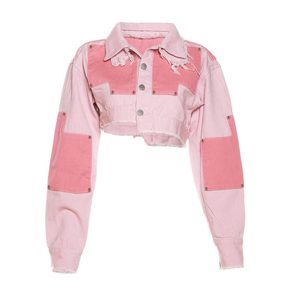 Conjunto de falda vaquera con solapa en contraste informal de otoño para mujer