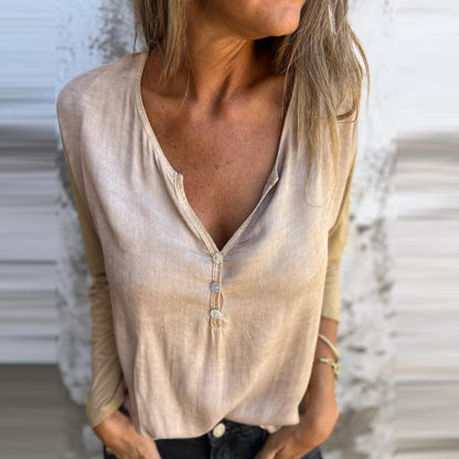 Women Casual Solid Color V-Neck Long Sleeve Top