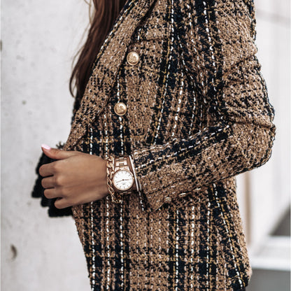 Blazer a cuadros cruzado de manga larga informal para mujer de otoño para oficina