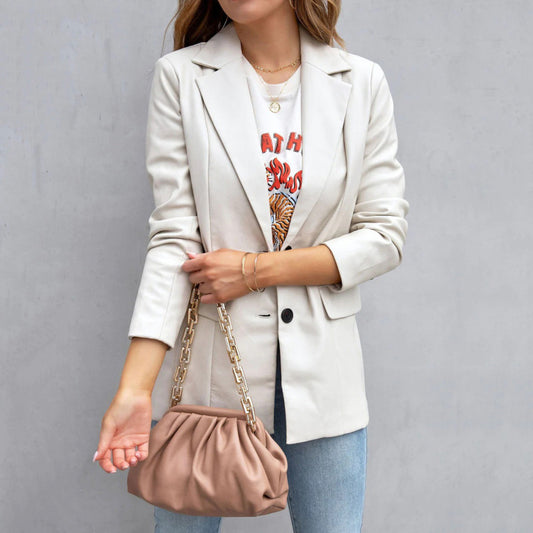 Chaqueta blazer informal de manga larga con botones y cárdigan de PU de color sólido a la moda para mujer