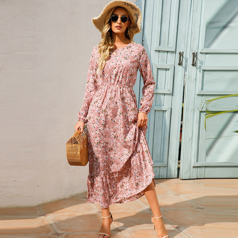 Vestido largo informal de manga larga con cuello redondo y estampado floral para mujer