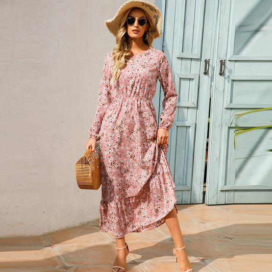 Women Fashion Casual Floral Print Round Neck Long Sleeve Maxi Dress