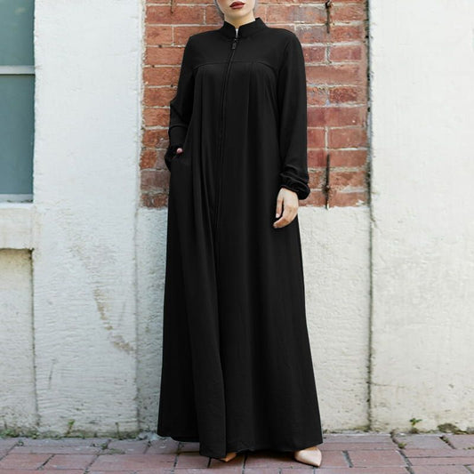 Vestido largo holgado tipo abaya informal de color liso con cuello y cremallera para mujer