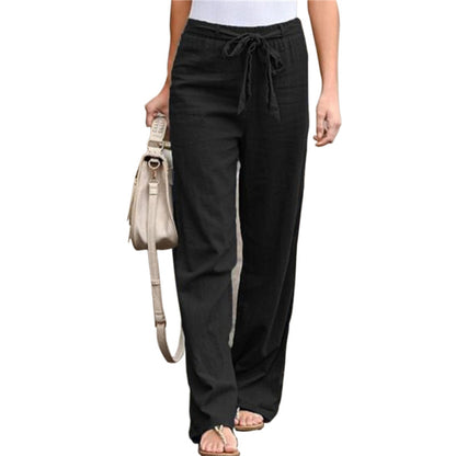 Women Solid Color Linen High Waist Lace Up Wide Leg Casual Pants