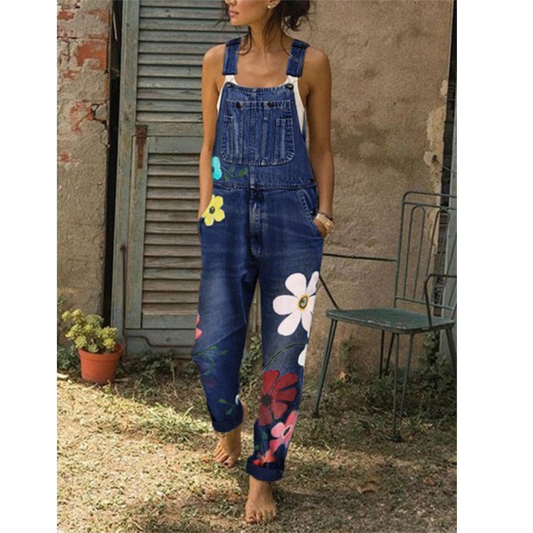 Women Fashion Casual Floral Printed Pocket Denim Overalls