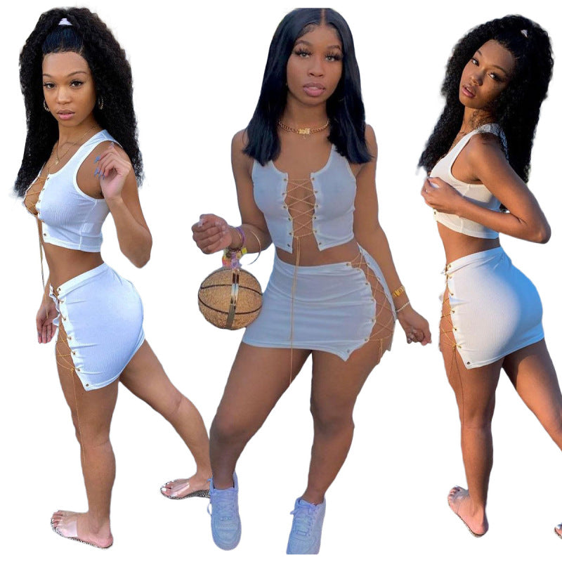 Women Fashion Casual Solid Color Hollow Mental Chain Strap Crop Top And Skirt Two Pieces Set