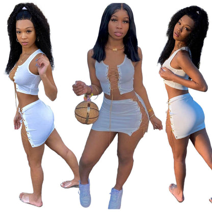 Women Fashion Casual Solid Color Hollow Mental Chain Strap Crop Top And Skirt Two Pieces Set