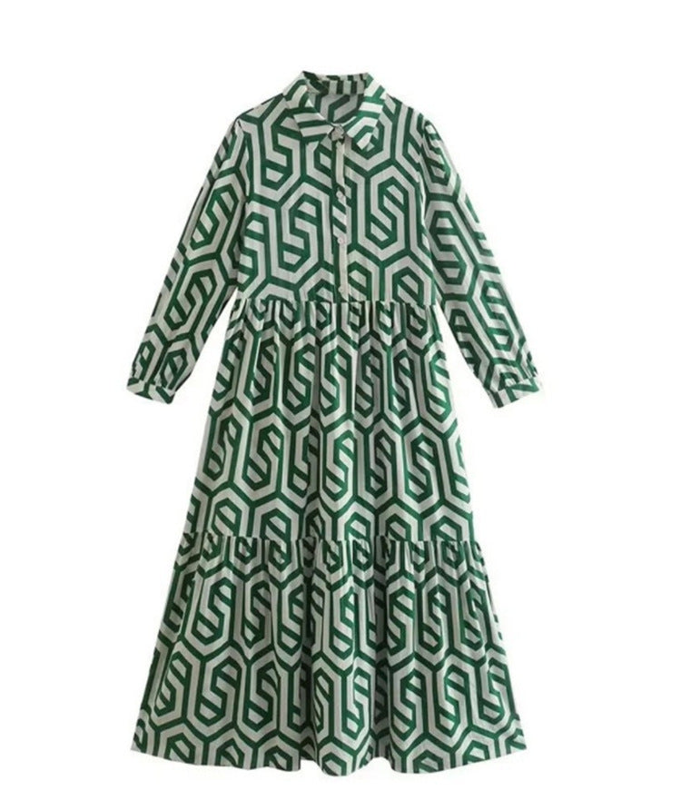 Women'S Fashion Boho Casual Geometric Pattern Printing Long Sleeve Lapel Single-Breasted Loose Dress