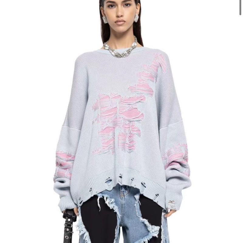 y2k Winter Street Fashion Women Casual Loose Ripped Color-Matching Long-Sleeved Knitted Sweater