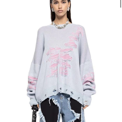 y2k Winter Street Fashion Women Casual Loose Ripped Color-Matching Long-Sleeved Knitted Sweater
