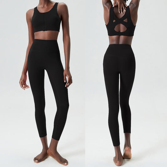 Conjunto de dos piezas de pantalones de yoga ajustados para mujer, informales, de color sólido, a prueba de golpes, para correr y fitness