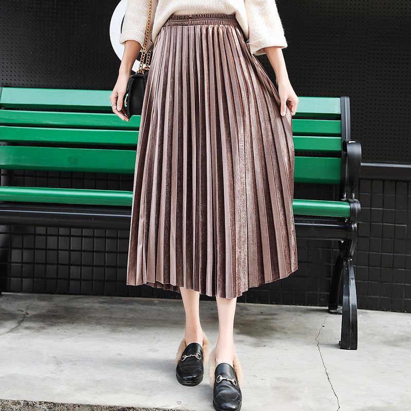 Women Solid Color Pleated High Waist Casual Long Skirt
