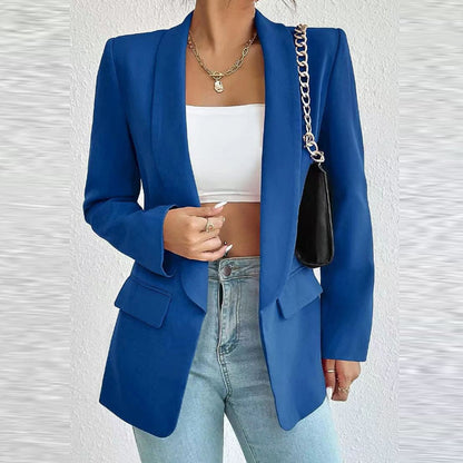 Chaqueta blazer informal de manga larga con solapa de color liso para mujer